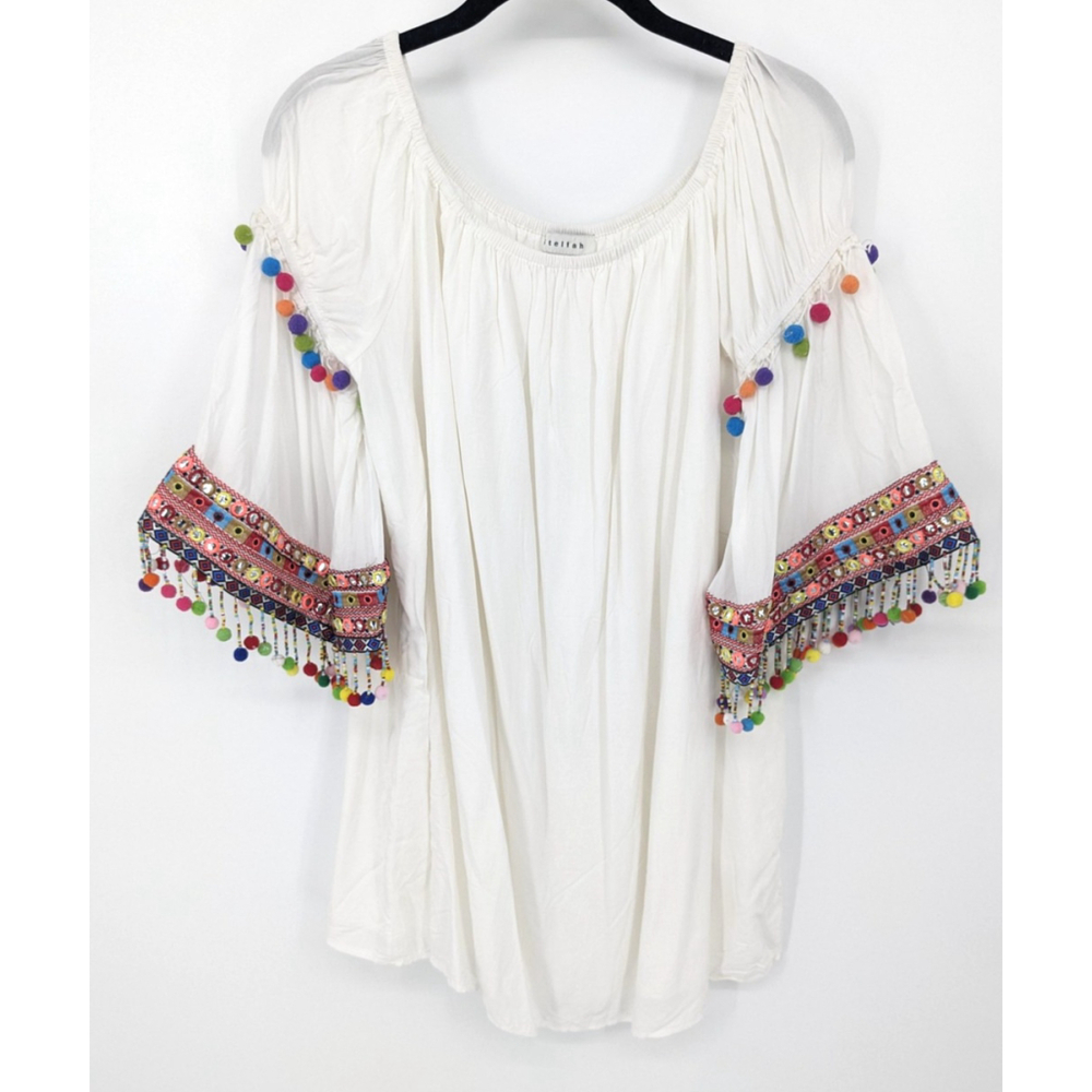 Stellah Boho Dress Mini Womens Medium White‎ Embroidered Pom Pom Tassel Festival